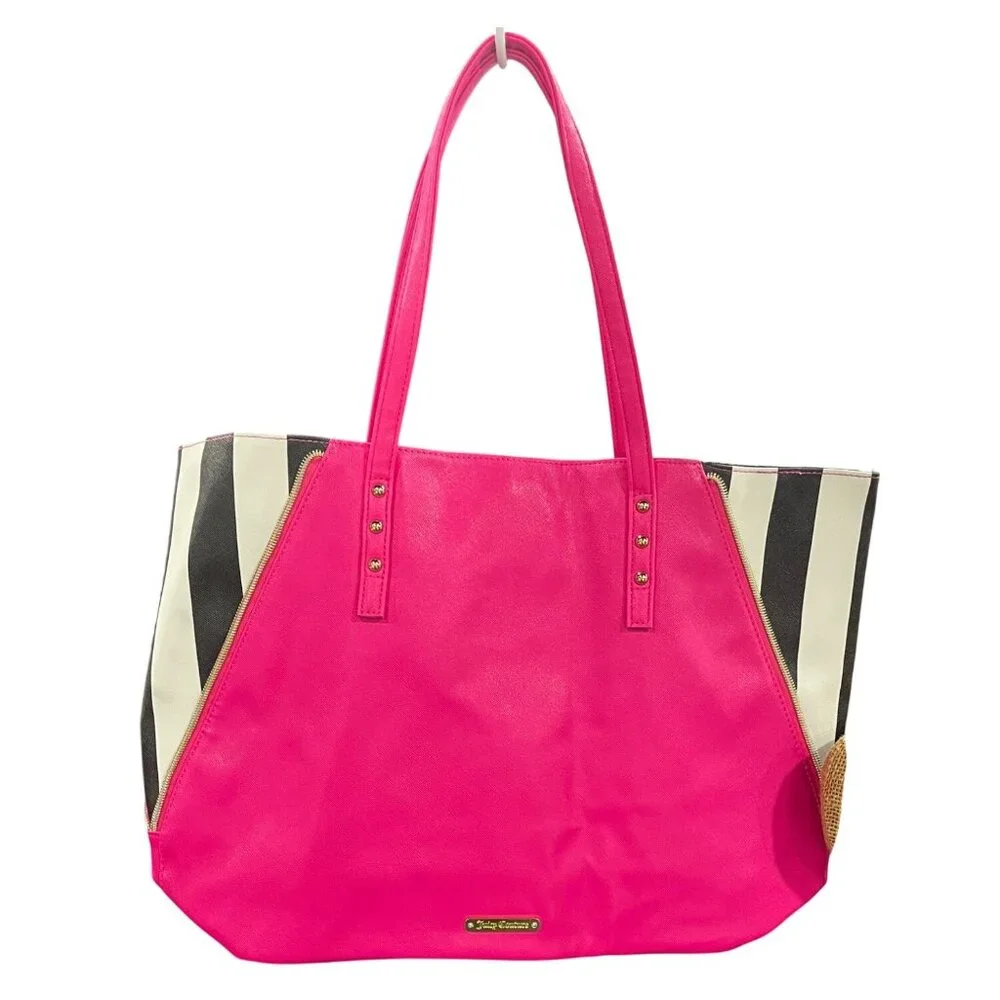 Juicy Couture Pink & Black Striped Tote Bag With Gold Stud Accents